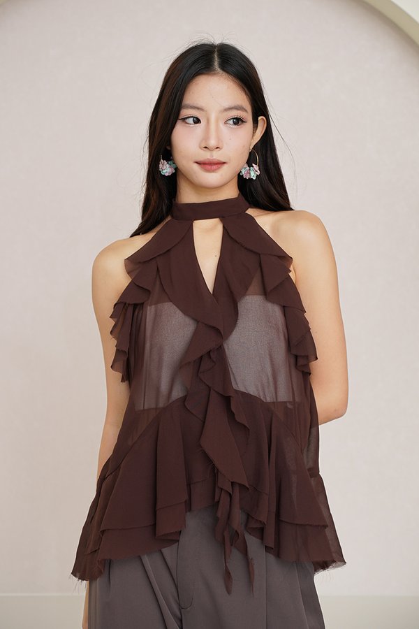 Ruffles to Riches Waterfall Cascade Halter Top Dark Brown