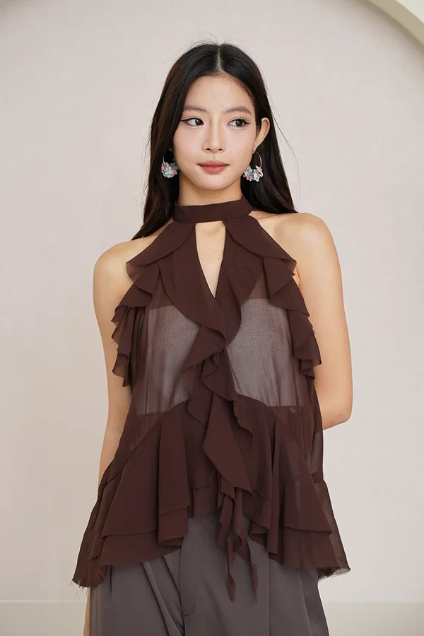 Ruffles to Riches Waterfall Cascade Halter Top Dark Brown