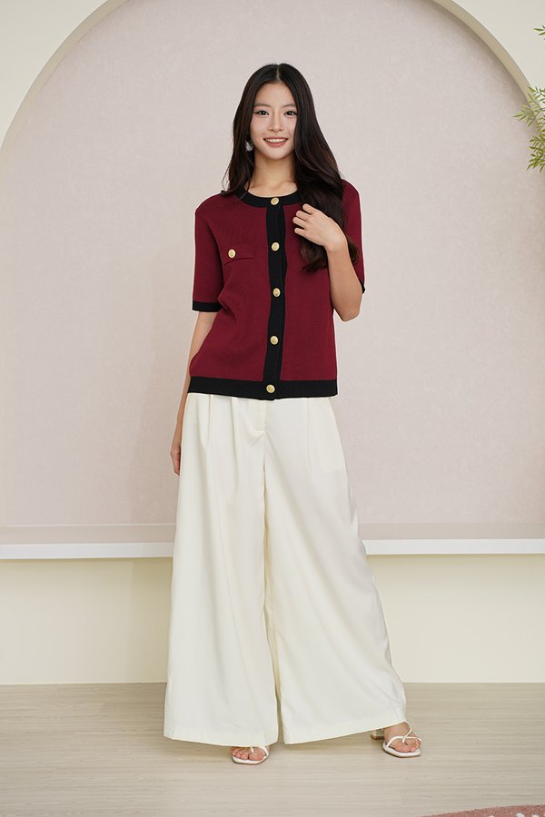 Channel Cocoesque Contrast Trim Knit Cardigan Maroon