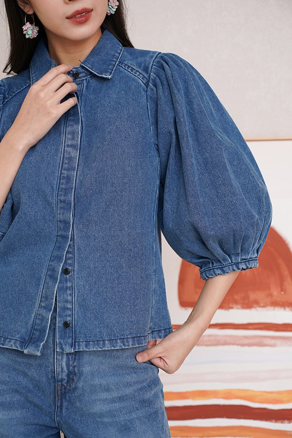 She's A Looker Denim Blouson Top Darkwash