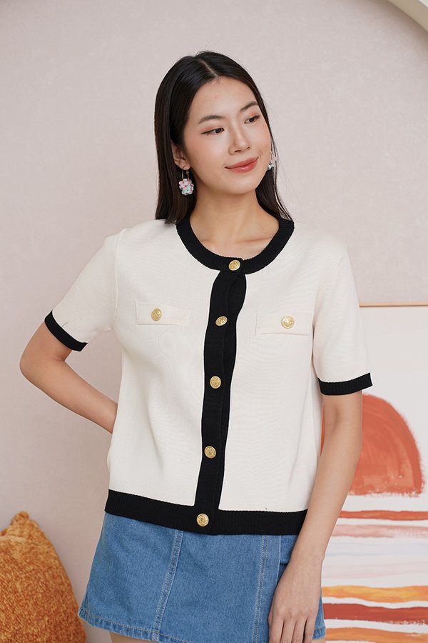 Channel Cocoesque Contrast Trim Knit Cardigan White