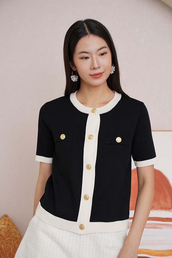 Channel Cocoesque Contrast Trim Knit Cardigan Black