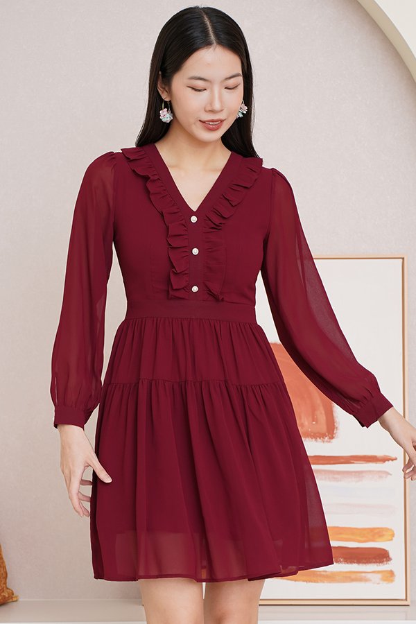 Romance Sways Ruffles Blouson Dress Burgundy Red