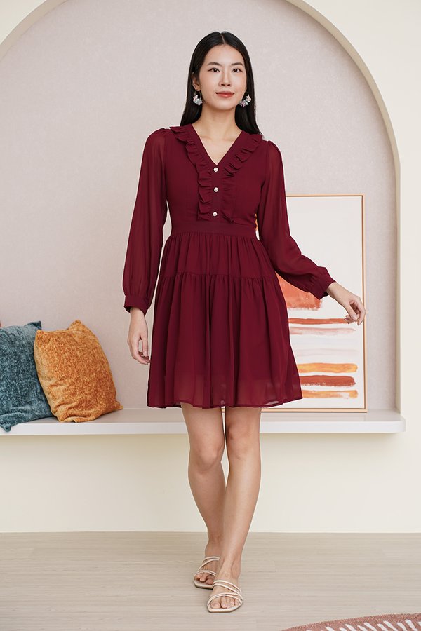 Romance Sways Ruffles Blouson Dress Burgundy Red