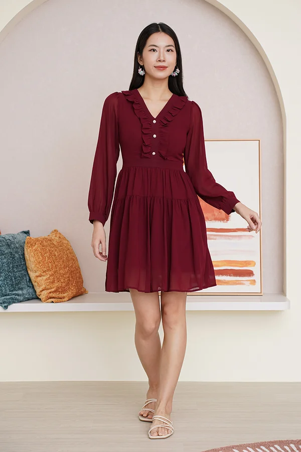 Romance Sways Ruffles Blouson Dress Burgundy Red