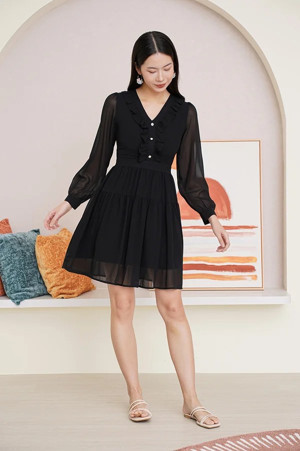 Romance Sways Ruffles Blouson Dress Black