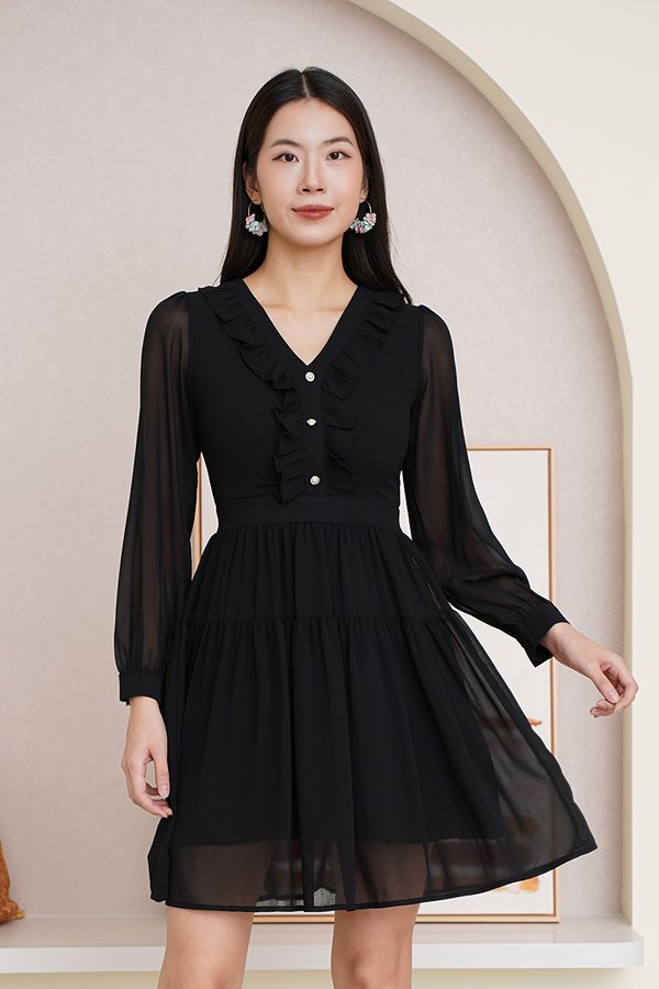 Romance Sways Ruffles Blouson Dress Black