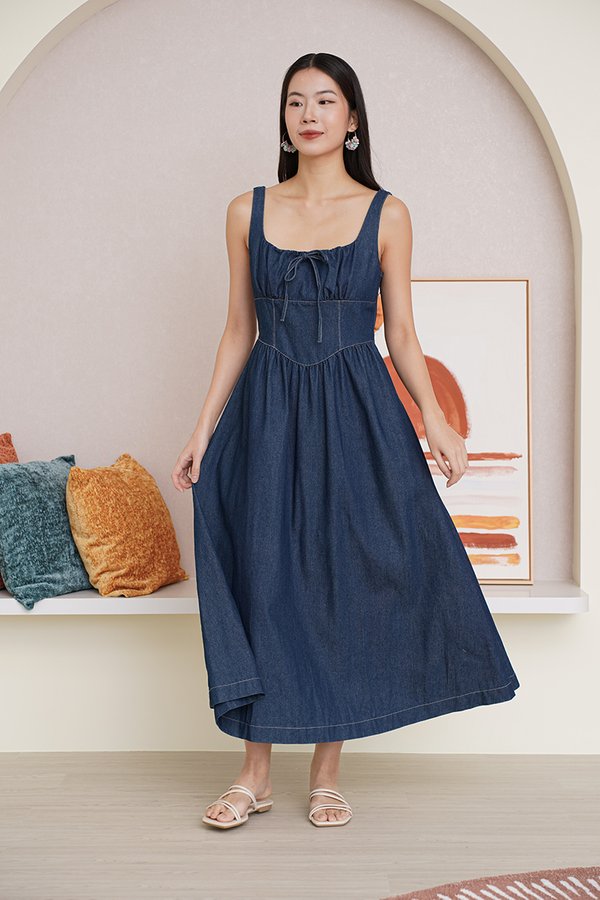 Spontaneous Twirls Denim Corset Maxi Dress