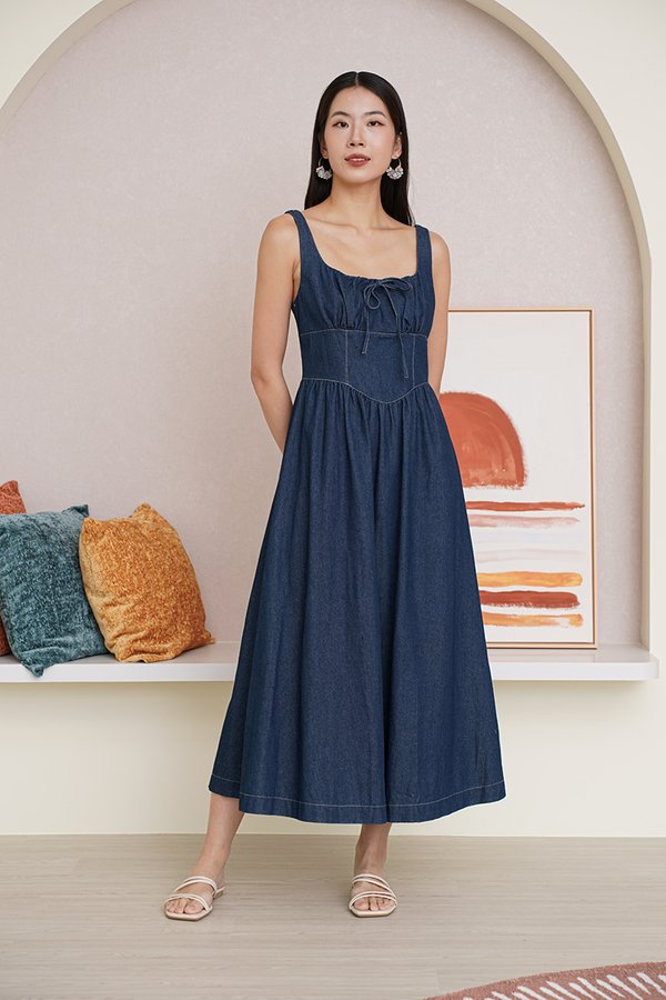 Spontaneous Twirls Denim Corset Maxi Dress