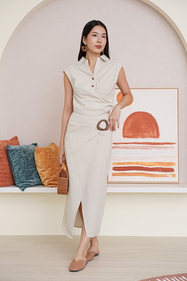 Nature Loving Linen Wrap Wooden Buckle Midi Skirt Oatmeal