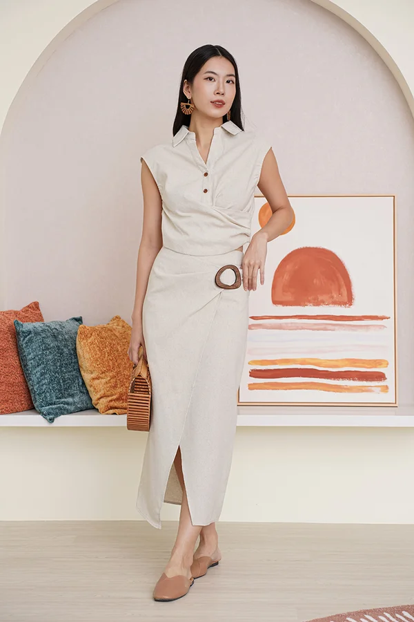 Nature Loving Linen Wrap Wooden Buckle Midi Skirt Oatmeal