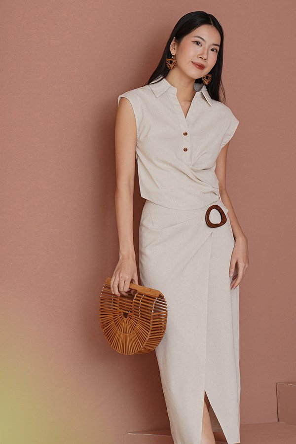 Nature Loving Linen Wrap Wooden Buckle Midi Skirt Oatmeal