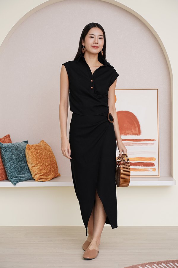 Nature Loving Linen Wrap Wooden Buckle Midi Skirt Black