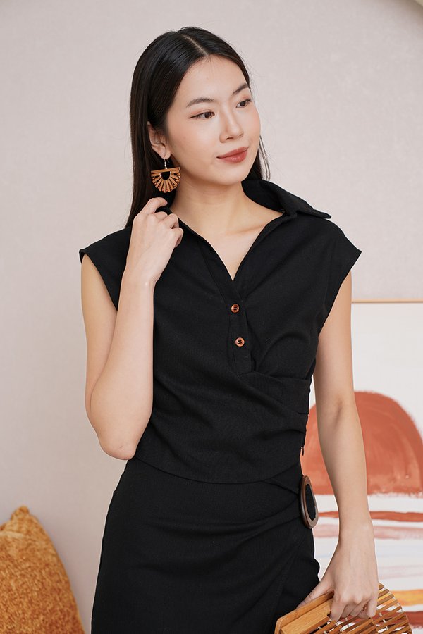 Nature Loving Linen Wrap Gathered Top Black
