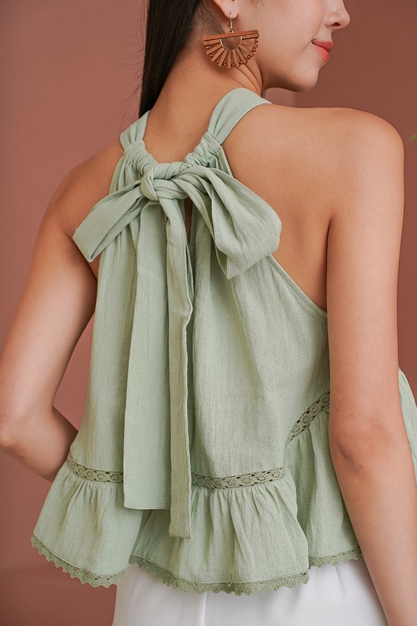 Gently Ruffly Breezy Linen Trapeze Halter Top Sage Green