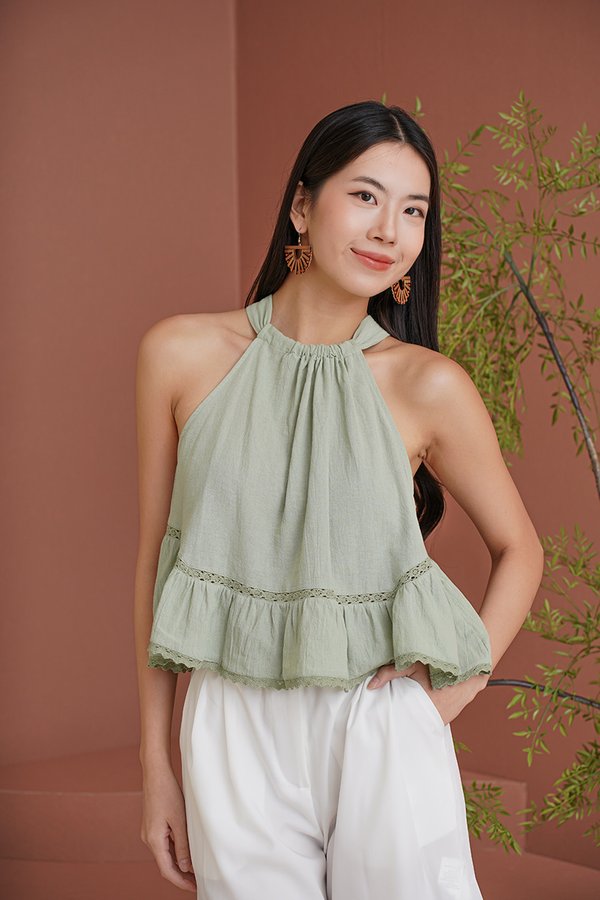 Gently Ruffly Breezy Linen Trapeze Halter Top Sage Green