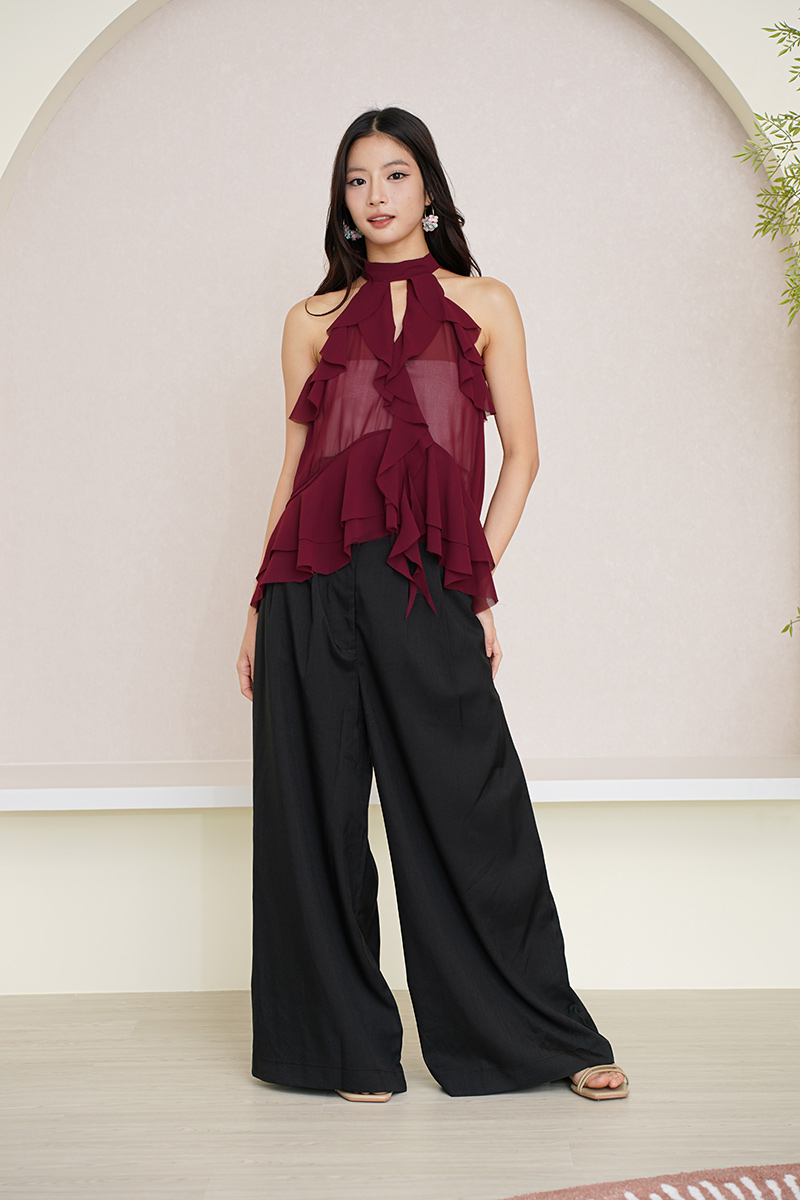 Ruffles to Riches Waterfall Cascade Halter Top Burgundy Red | lechicsg