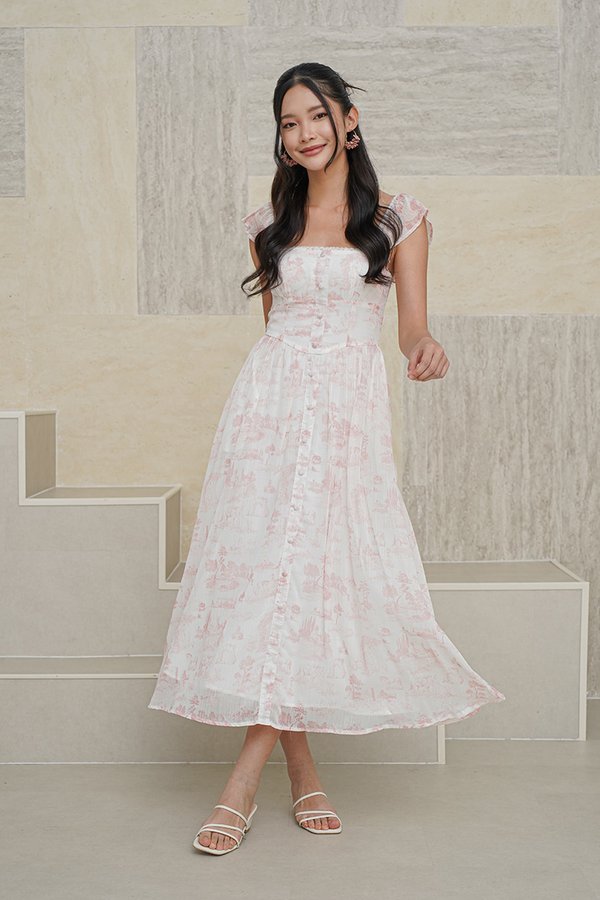 Wild Toile Padded Flutter Sleeve Midi Dress Pink
