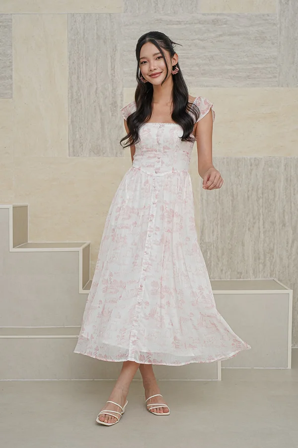 Wild Toile Padded Flutter Sleeve Midi Dress Pink
