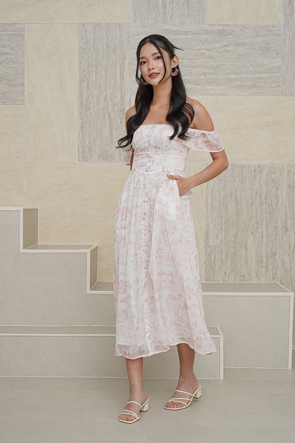 Wild Toile Padded Flutter Sleeve Midi Dress Pink