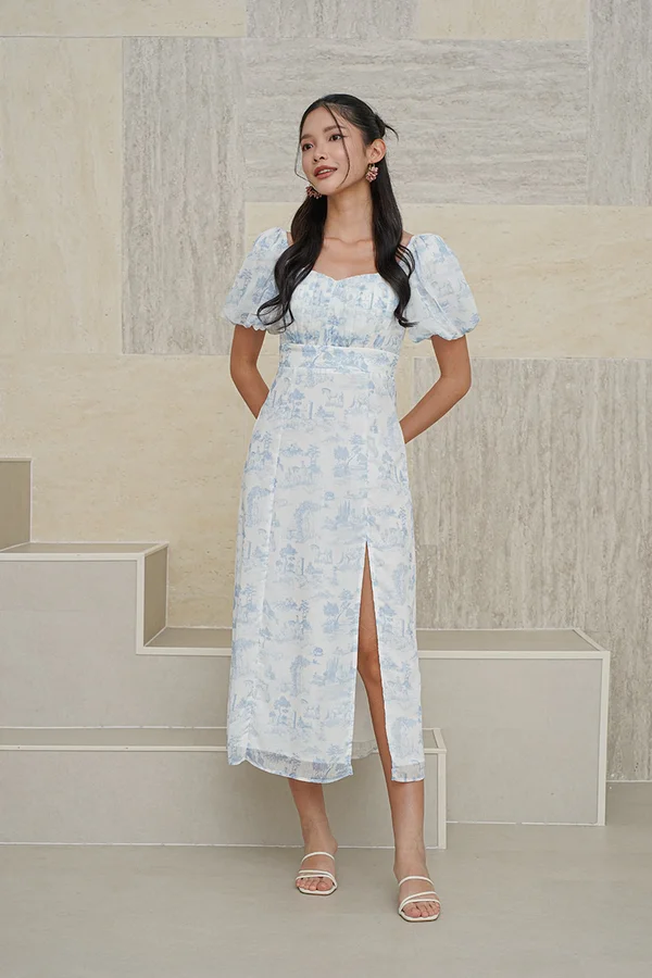 Nature's Bounty Toile Padded Midi Dress Blue