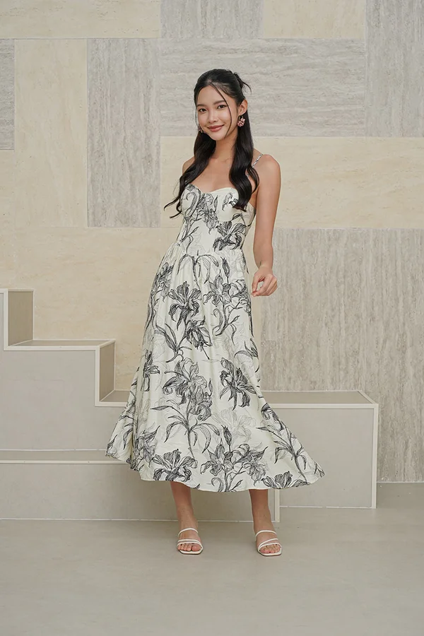French Foliage Riviera Padded Maxi Dress Black