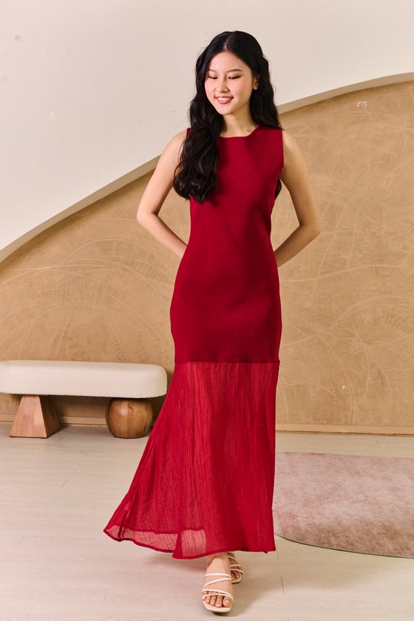 Plisado Soleil Combined Knit Maxi Dress Rouge