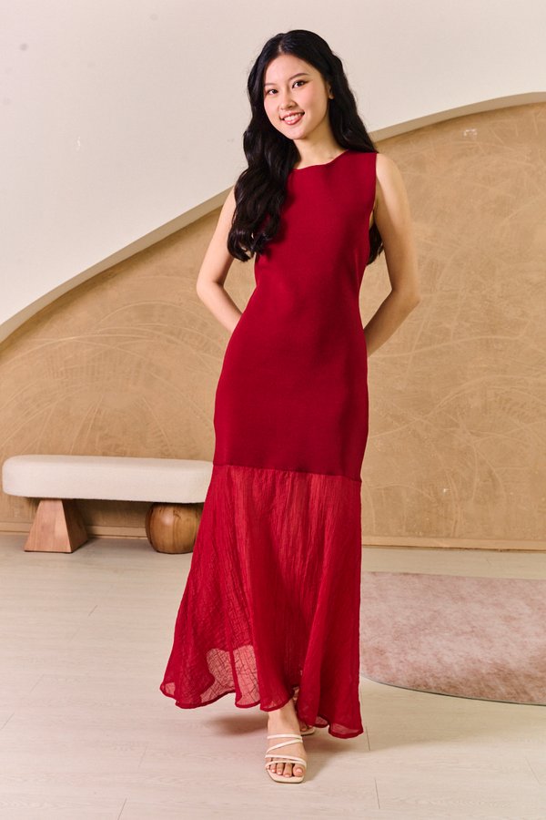 Plisado Soleil Combined Knit Maxi Dress Rouge