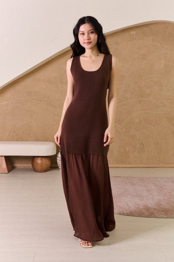 Plisado Soleil Combined Knit Maxi Dress Brown