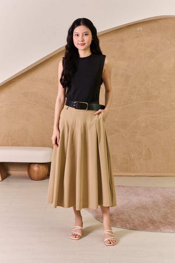 Uptown Contrast Pleated Belt Midi Dress Khaki