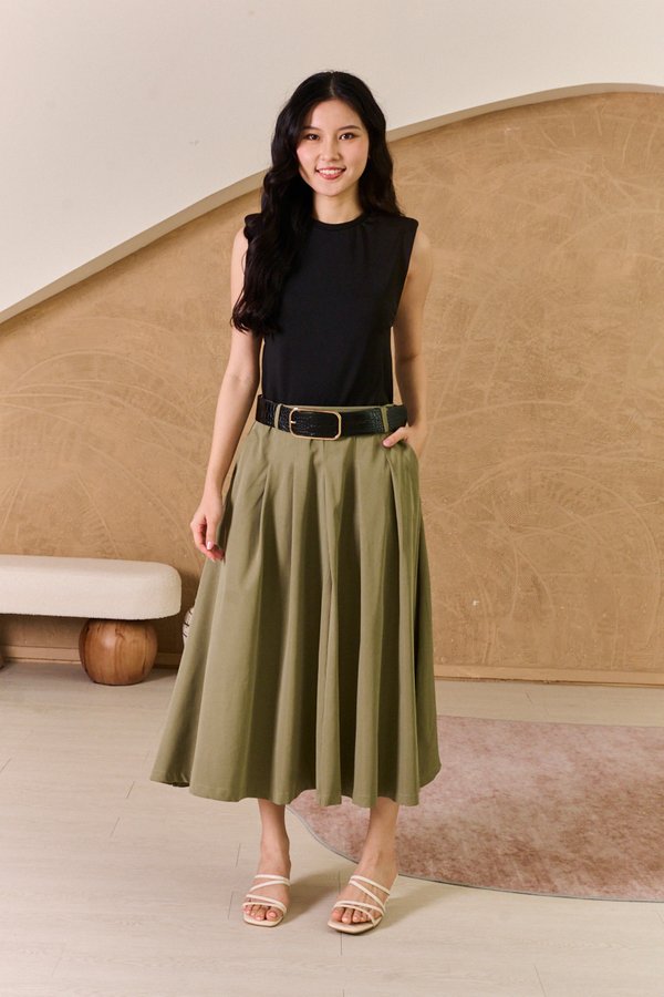 Uptown Contrast Pleated Belt Midi Dress Olive Green