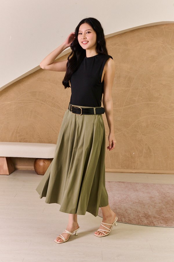 Uptown Contrast Pleated Belt Midi Dress Olive Green