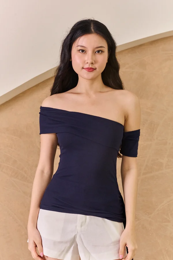 Drapefully One Sided Cascade Hem Tee Navy Blue