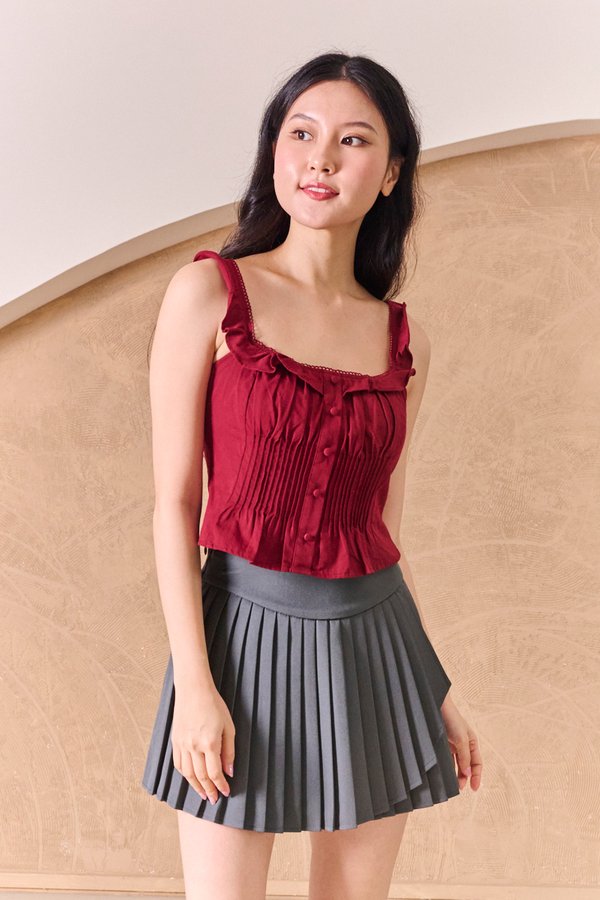 Pintucked Thoughts Padded Top Burgundy Red