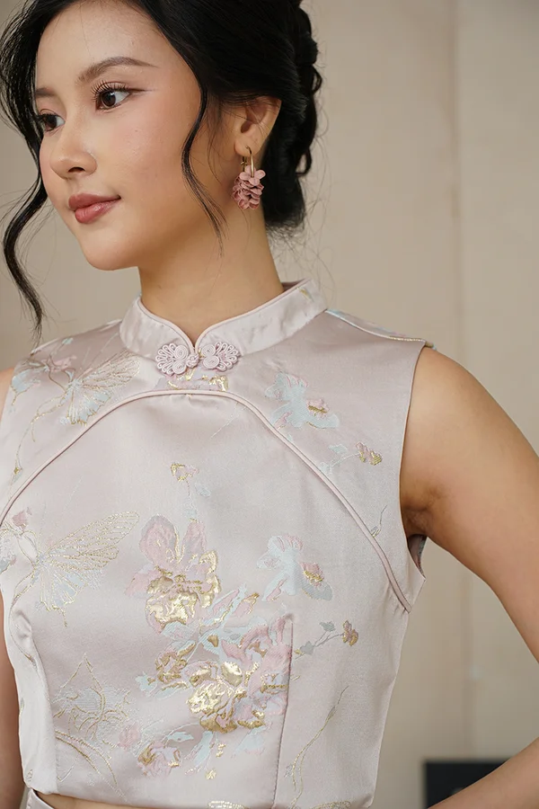 FairyTulle Realm Silk Embroidered Chinoise Top Pink