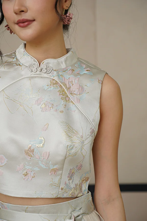 FairyTulle Realm Silk Embroidered Chinoise Top Cream