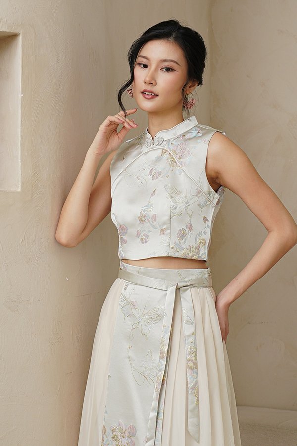 FairyTulle Realm Silk Embroidered Chinoise Top Cream