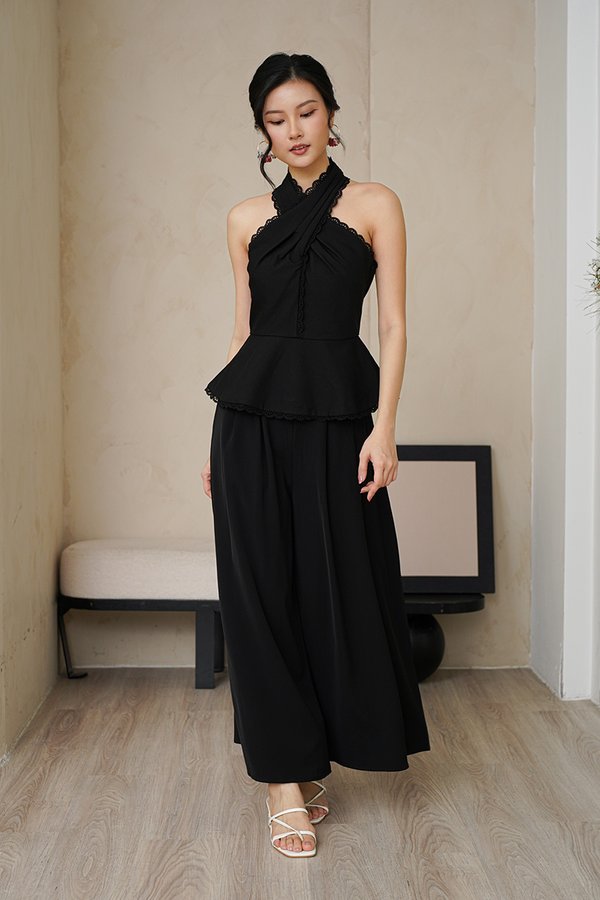 Eyelash Envy Lace Padded Halter Peplum Top Black