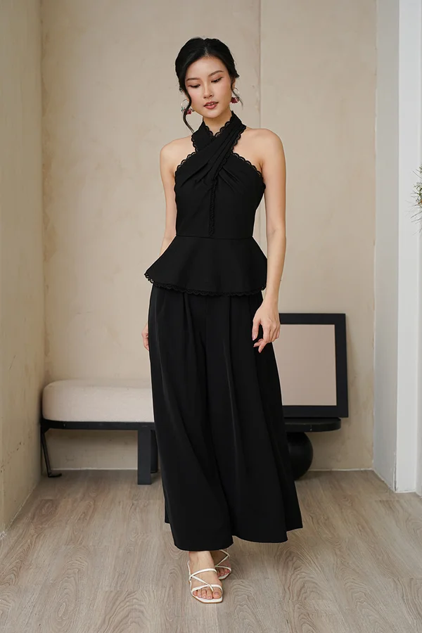 Eyelash Envy Lace Padded Halter Peplum Top Black