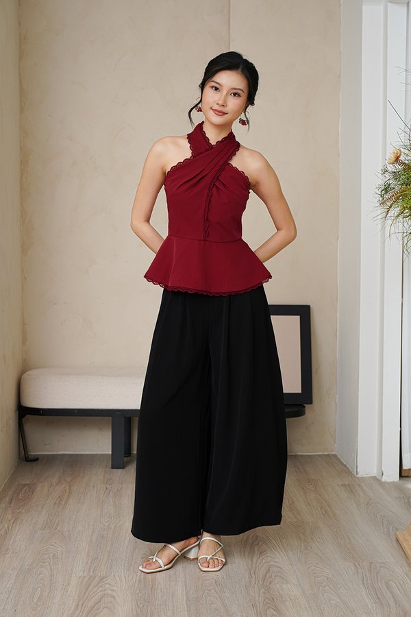 Eyelash Envy Lace Padded Halter Peplum Top Burgundy Red