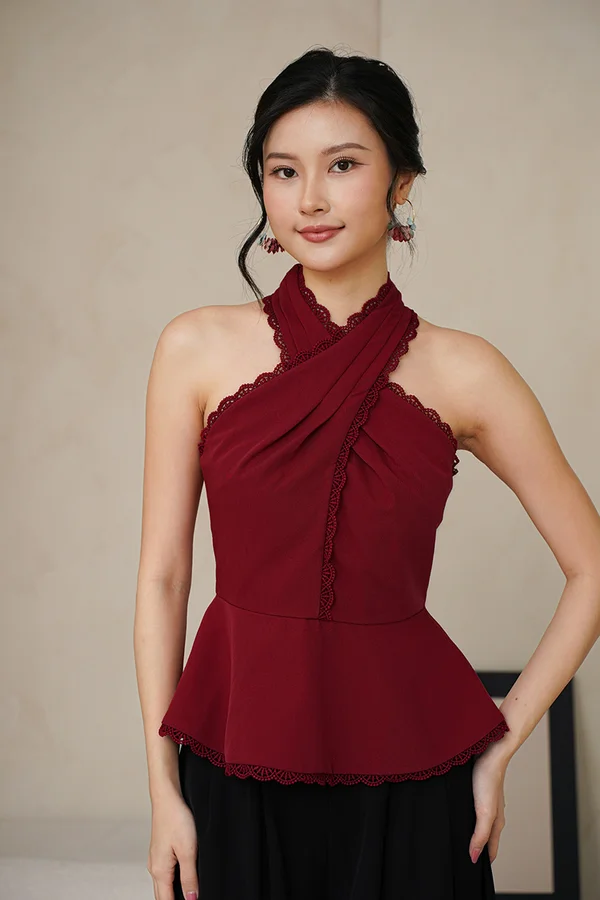 Eyelash Envy Lace Padded Halter Peplum Top Burgundy Red