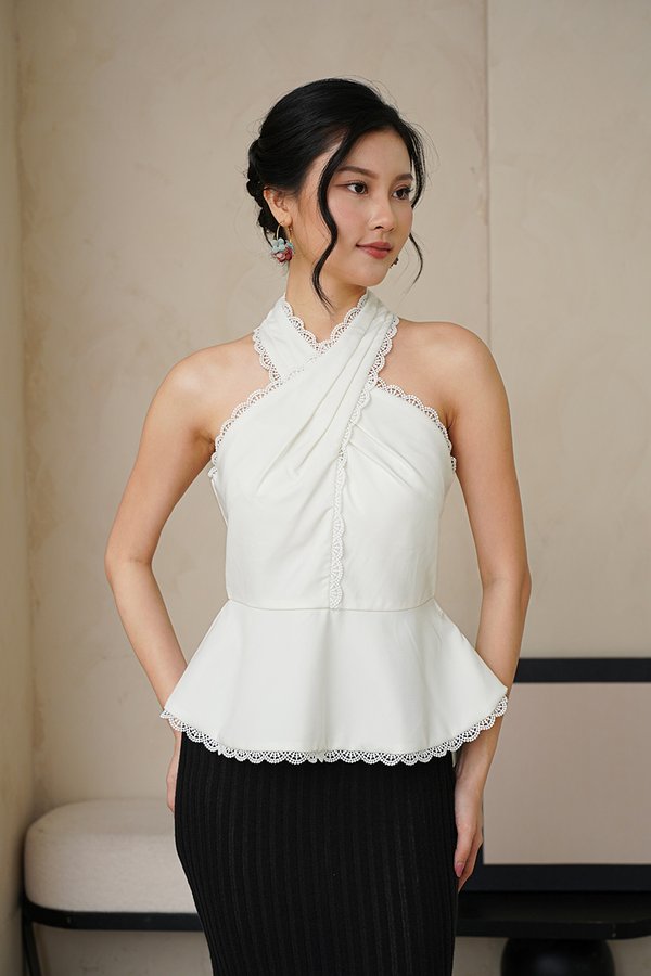 Eyelash Envy Lace Padded Halter Peplum Top White