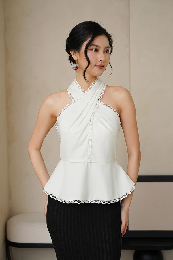 Eyelash Envy Lace Padded Halter Peplum Top White