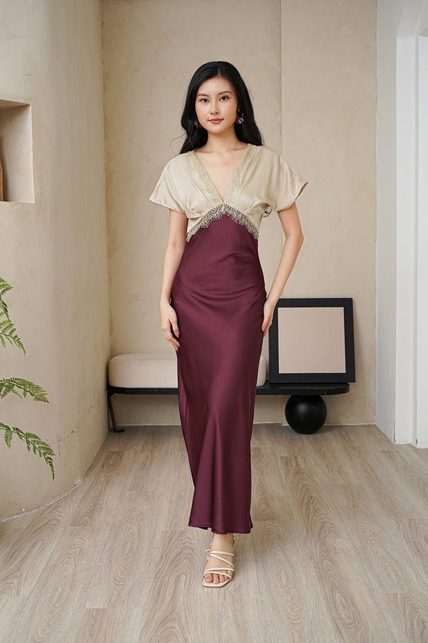 Kimono Laced Satin Maxi Dress Burgundy