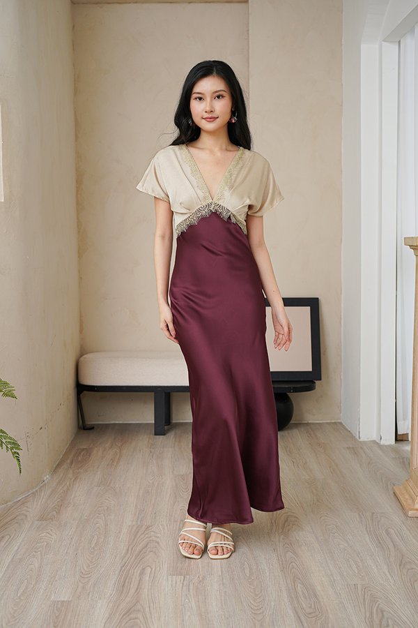 Kimono Laced Satin Maxi Dress Burgundy
