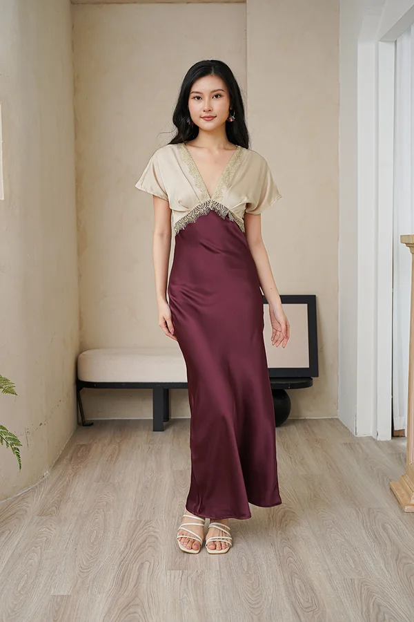 Kimono Laced Satin Maxi Dress Burgundy