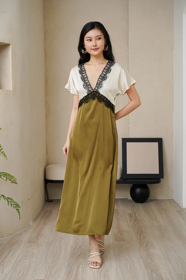 Kimono Laced Satin Maxi Dress Olive Green