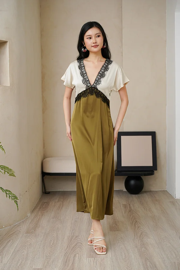 Kimono Laced Satin Maxi Dress Olive Green