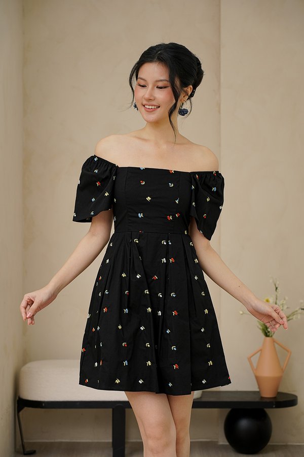 Cherry Crush Motifs Pleated Broderie Dress Black