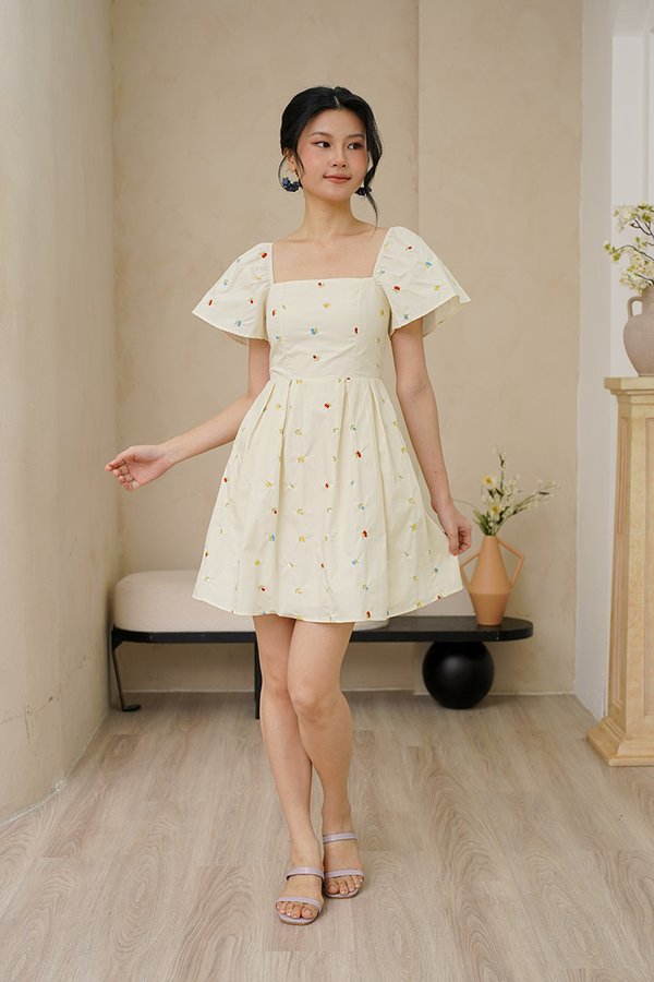 Cherry Crush Motifs Pleated Broderie Dress Ecru